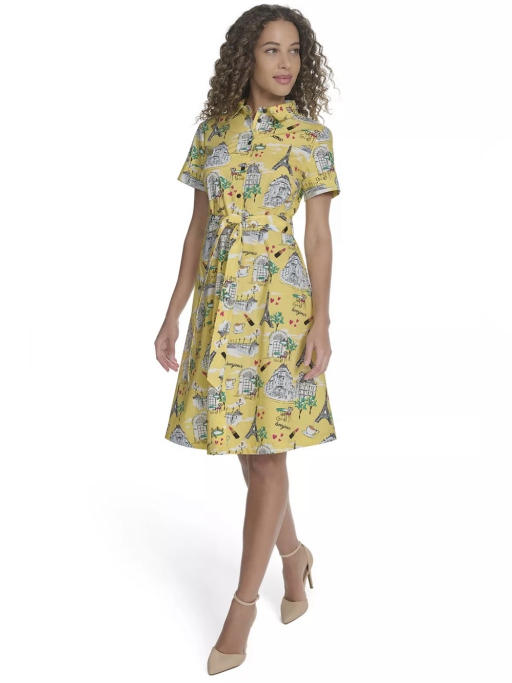 LaNouvelle EUC Sz 12 Yellow Paris Theme Printed Shirt Dress Tie Waist (0819)